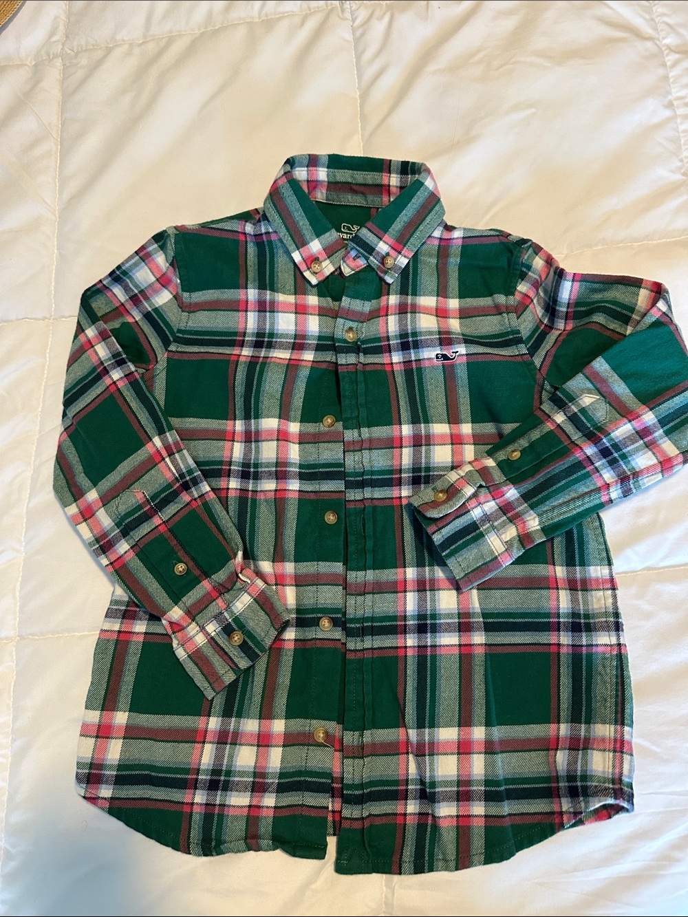 Vineyard Vines Green, White & red Plaid Flannel Boys Button-Down Shirt
